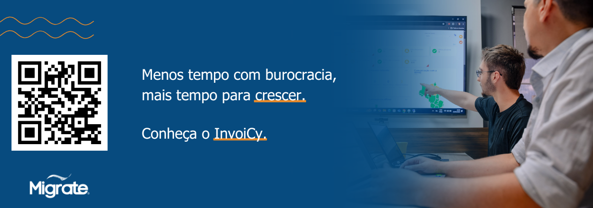 Banner promocional do InvoiCy. A imagem mostra a equipe da empresa e o texto "Menos tempo com burocracia, mais tempo para crescer. Conheça o InvoiCy", com um QR Code para contato via WhatsApp.