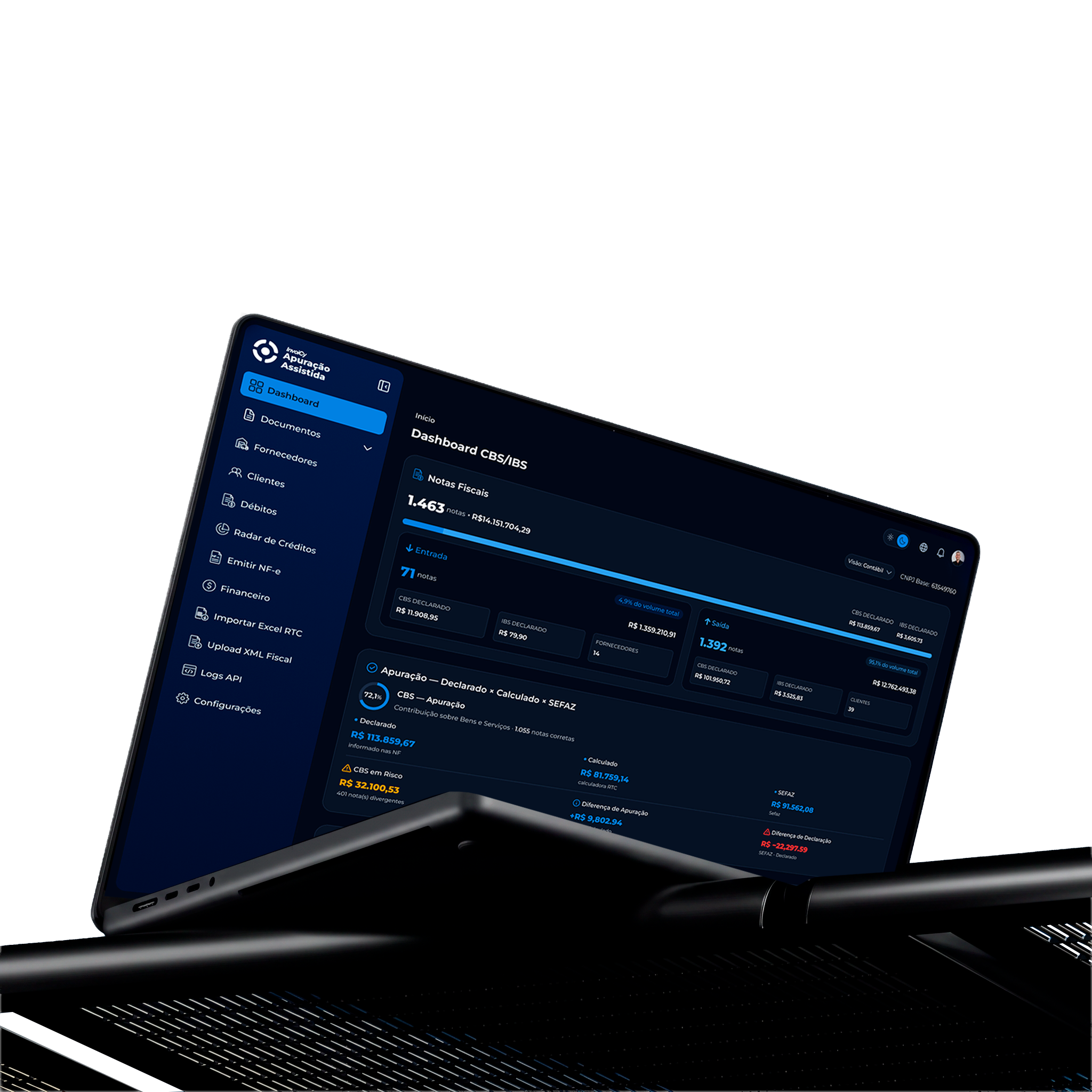 Plataforma InvoiCy Apuração Assistida da Migrate — Dashboard CBS/IBS num notebook